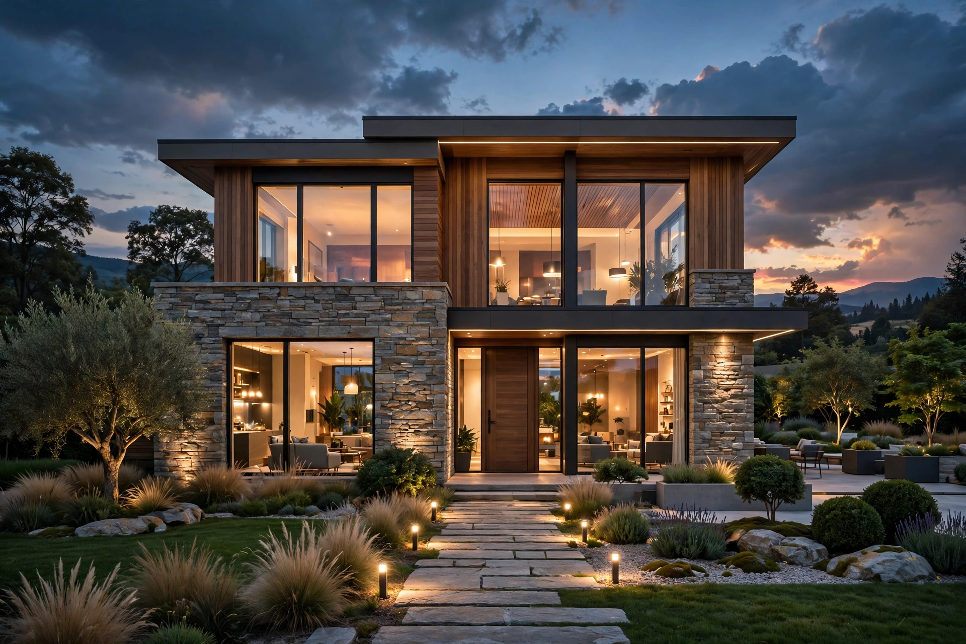 Photorealistic 3D render of a luxury modern house exterior at dusk by DraftToDesign
